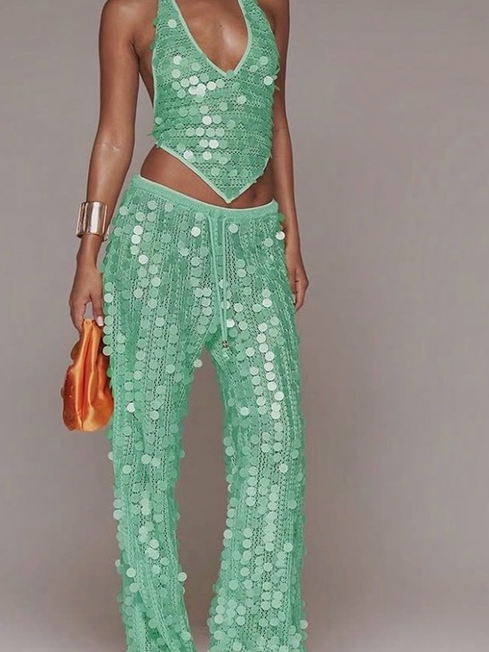 Pants - Green Sequin Crochet Halter Top & Wide-Leg Pants Set